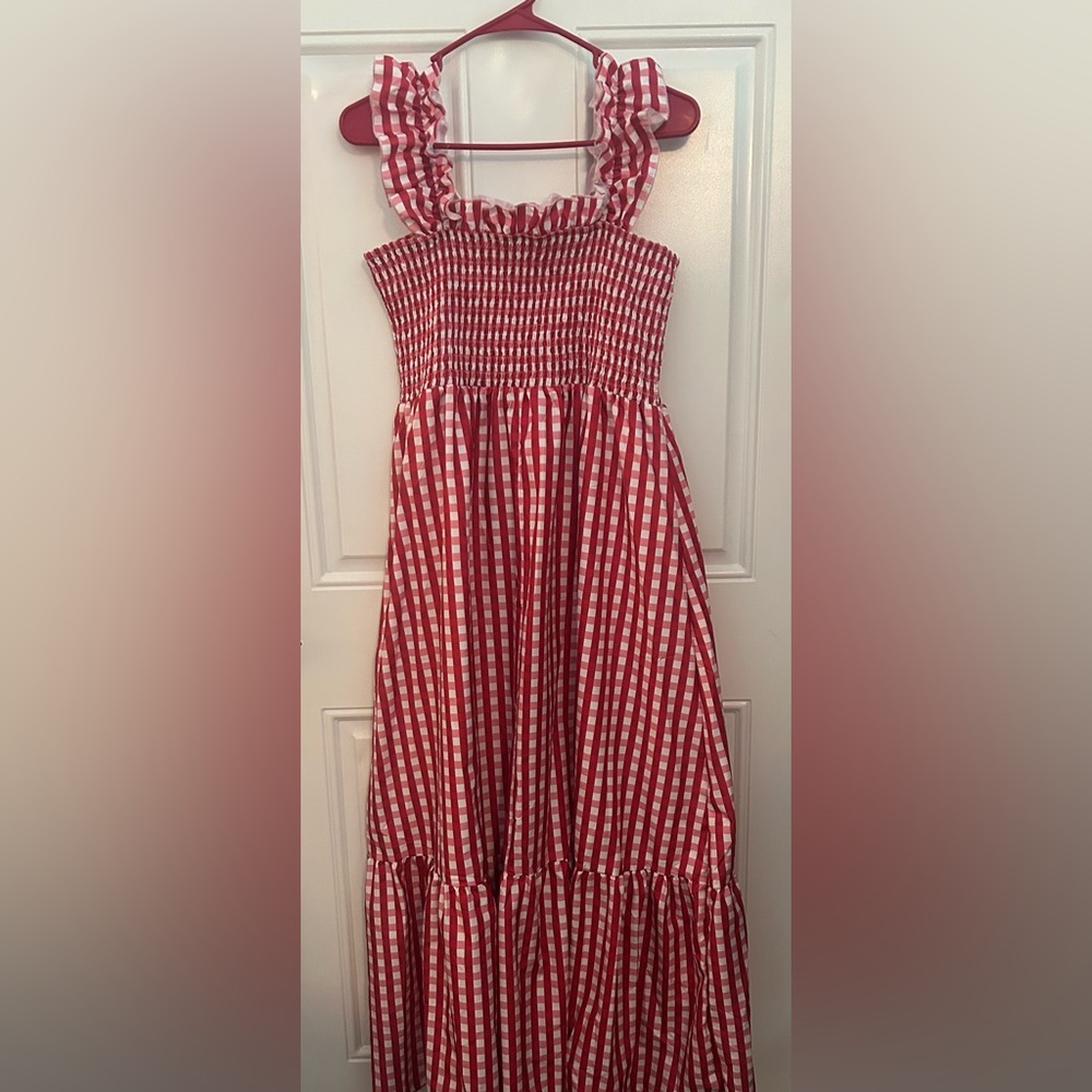 Red Gingham Elastic Ruffle Strap Dress